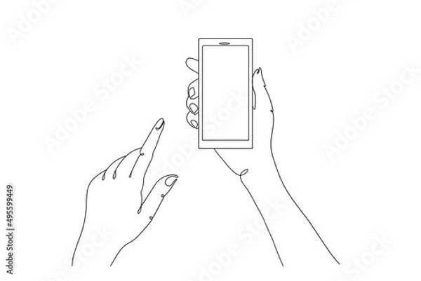 Fototapeta Continuous drawing of a line of a hand holding a smartphone with a blank screen