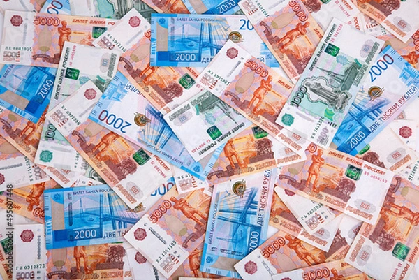 Fototapeta Background of Russian rubles in denominations of one, two and five thousand