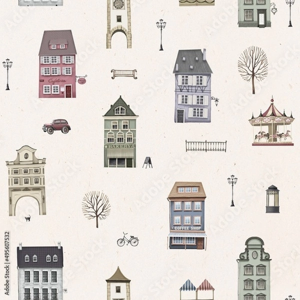 Fototapeta Seamless European city sparse pattern. Facades of houses, cafes, shops, carousel, bench, bicycle, car, lights. Vintage retro style. Stock illustration.