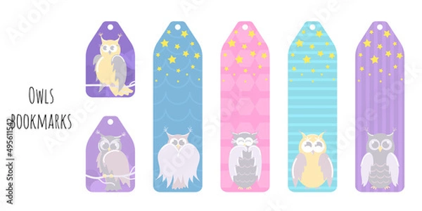 Fototapeta Set of 6 bookmarks and stickers with cute owls and decorative elements. Minimalistic illustration. Children's bookmarks for reading. Bright and positive colors.Isolated on white background.Separators.