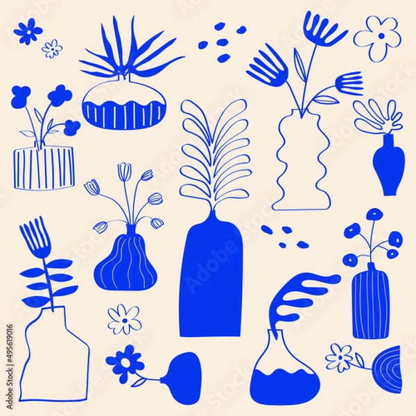 Fototapeta Abstract plants. Set of creative minimalist hand painted illustrations with decorative branches, leaves, vases and abstract flowers.  Doodles floral vector illustration
