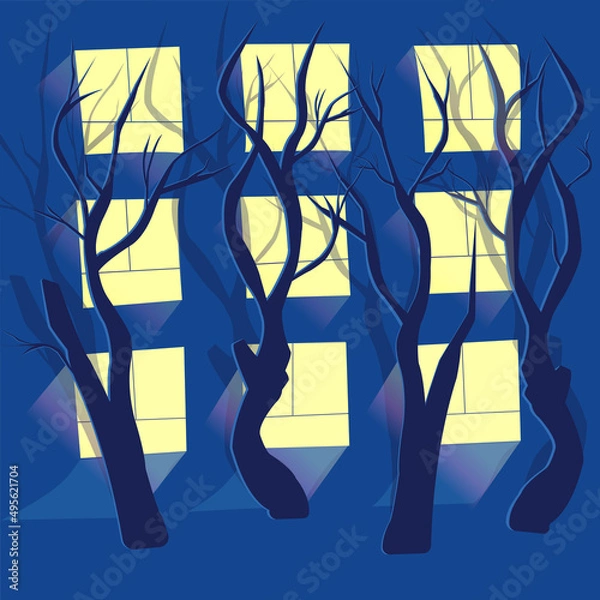 Obraz Trees with their shadows against the background of illuminated windows in the house at night