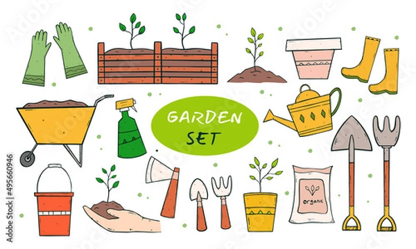 Fototapeta Set of Garden themed. Illustration vector graphic with hand drawn isolated doodle on the theme of garden, garden tools. Symbols of gardening on white background. Sketches for use in design