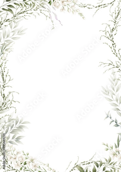 Fototapeta Floral frame, Greenery, Greeting card with foliage, can be used as invitation card for wedding, birthday and other holiday and  summer background. Botanical art.
