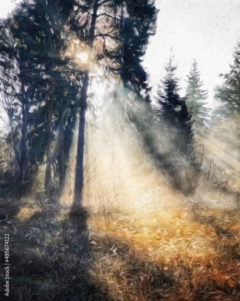 Fototapeta Watercolor and pastel drawing Finland  nature landscape, mystical foggy forest, autumn trees trend popular print for poster, textile or canvas. Modern fine arts design wallpaper. Wall art oil painting
