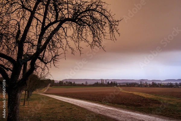 Fototapeta Saharan Air layer in Baden-Württemberg, Germany, colouring the sky in an orange-ochre colour. March 2022