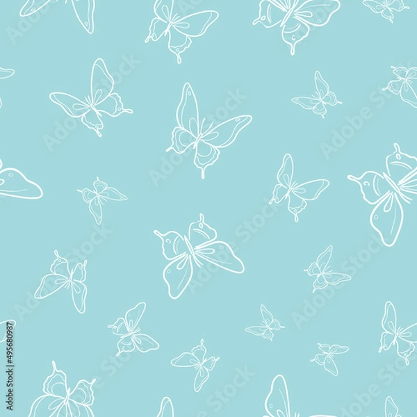 Fototapeta Vector butterfly seamless repeat pattern background. Blue pattern.
