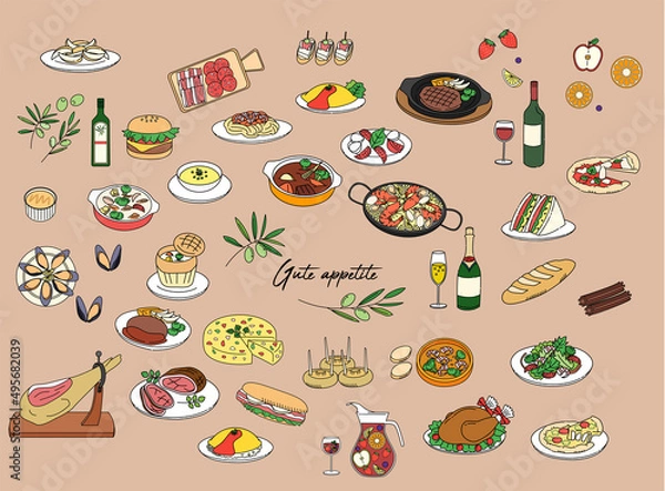Fototapeta Various foods color illustration set
