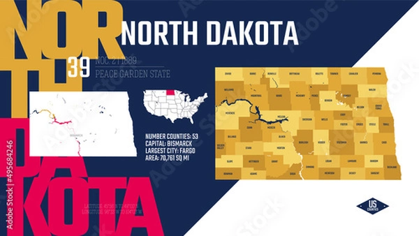 Fototapeta 39 of 50 states of the United States, divided into counties with territory nicknames, Detailed vector North Dakota Map with name and date admitted to the Union, travel poster and postcard