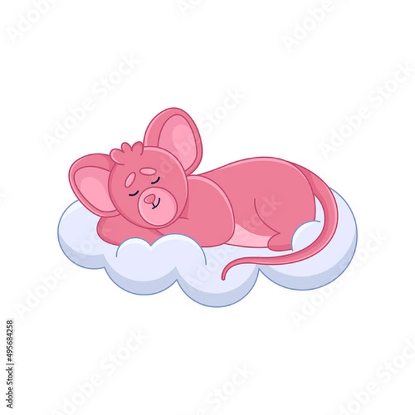 Fototapeta Cute pink mouse cartoon character sleeping on cloud sticker. Adorable comic rat lying on fluffy cloud flat vector illustration isolated on white background. Emotions, animals concept