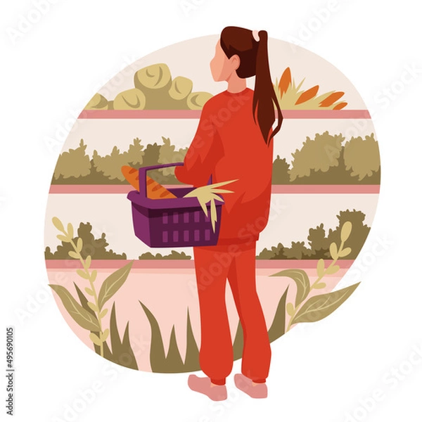Obraz Young woman in the store chooses vegetables, herbs and salad. Woman with grocery basket. Housekeeping concept. Сoncept of proper nutrition. Women routine. Vector illustration.