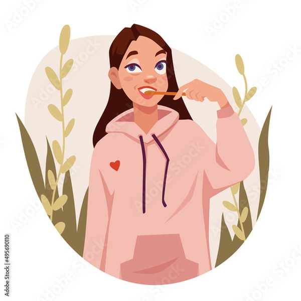 Obraz Young woman brushes her teeth with a toothbrush in the bathroom. Hygiene before bed and in the morning. Beauty routine. Vector illustration.