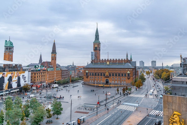 Obraz Copenaghen, Denmark - October 2, 2021: top view of Rådhuspladsen, square located in the center of Copenaghen, a favorite location for events and demonstrations
