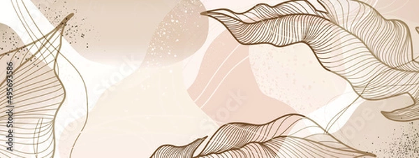Obraz Light brown and beige background in soothing hues with tropical leaves and abstract shapes. Vector illustration for text, banners, wallpapers, background, sales, discounts, promotions, etc.