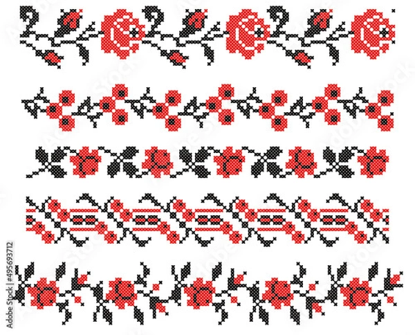 Fototapeta Ukrainian national cross-stitch vector ornament scheme of roses and berries for frames. Black and red set of vector illustrations