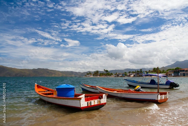 Fototapeta Fishing boats on Playa Cochaima, Santa Fe - Venezuela