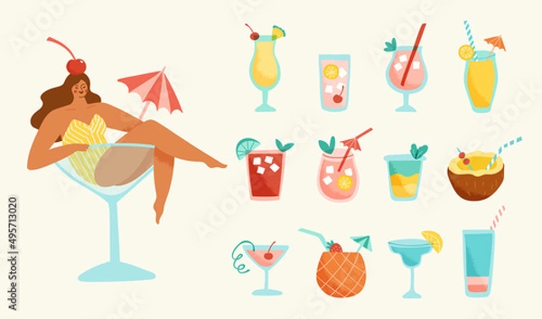 Obraz Set of tropical cocktails and a cute girl in a glass with an umbrella. Vector illustration of alcoholic summer drinks in trendy retro style.