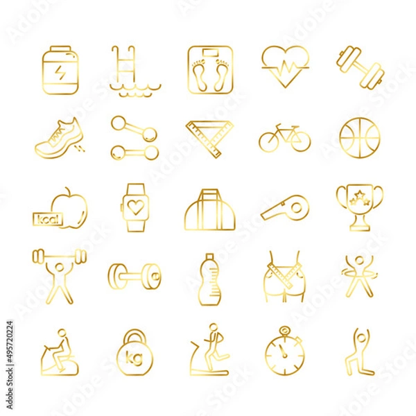 Fototapeta Fitness icon set. Gymnastic equipment pictogram for web. Flat line stroke. Isolated on white background. Vector eps10