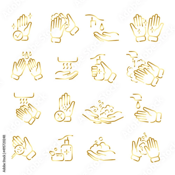 Fototapeta Hands washing flat icon set. Tutorial of hand cleaning pictograms for web. Isolated on white background. Line stroke. Water stream clean the arms. Vector eps10
