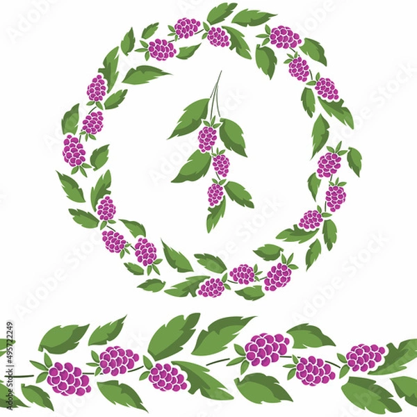 Fototapeta Vector set of round wreath with raspberries on foliate twig, seamless border with raspberries and berry foliate twig. Design elements for invitations, posters, banners, packaging, etc.