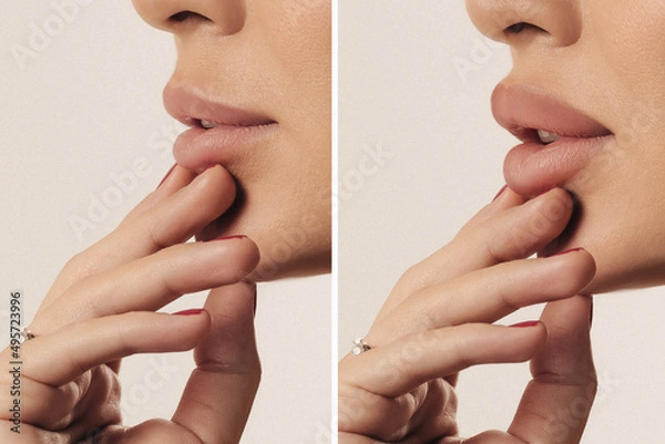 Fototapeta Woman's face side view close-up before and after Botox lip filler injections. Lip augmentation. Thin ugly lips before the Botox procedure and beautiful perfect lips after the augmentation procedure.