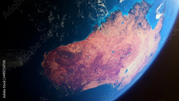 Fototapeta Cinematic space view of red Australia, realistic planet Earth rotation in cosmos