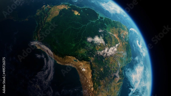 Fototapeta Rainforest of Amazon in South America from the space view, realistic planet Earth rotation