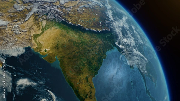Fototapeta Cinematic realistic planet Earth rotation of Asia India part from space. Sun reflection in the ocean