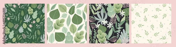 Obraz Set of abstract art seamless patterns with tropical leaves. Modern exotic design