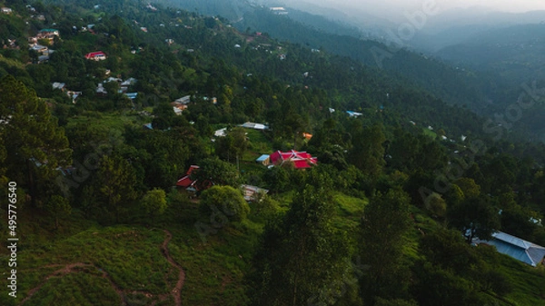 Obraz Aerial view of beautiful homes in green hills surrounded by trees 