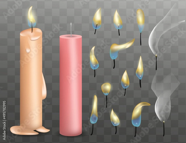 Obraz 3D Burning Realistic Candle Set. Light Candle Set. Vector. Different Flame Of A Candle Icon Set Closeup On Gray Transparency Grid Background