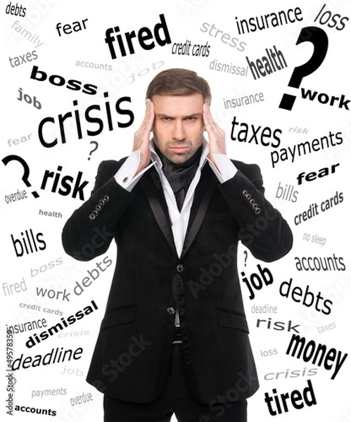 Fototapeta Tired stressed businessmanand with  his worries and fears. Isola