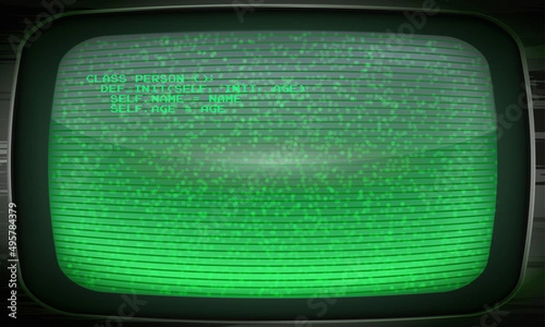 Obraz SIlver Old Green Computer Terminal Screen. Old Tv Green Widescreen Filter. Retro CRT Terminal Screen