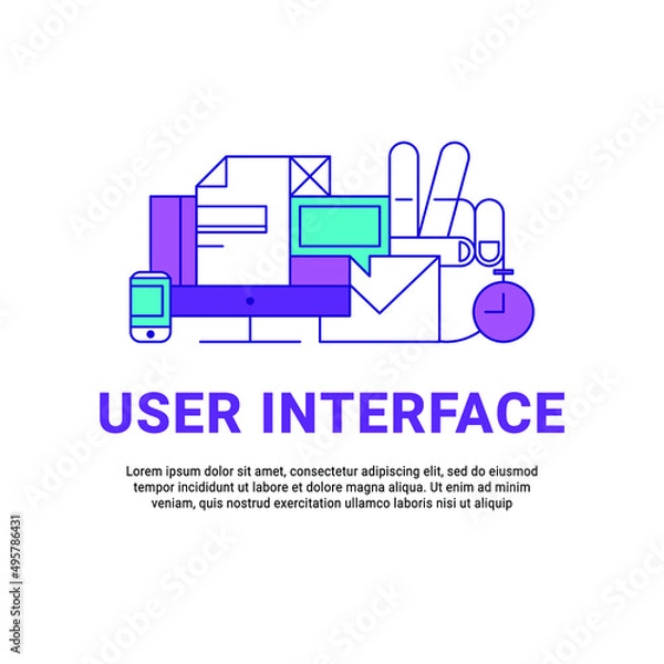 Fototapeta Lineart flat UI/UX Interface design website image illustration. User experience, design and testing of applications and software. Laptop, compucter, phone