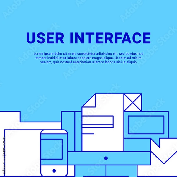 Fototapeta Lineart flat UI/UX Interface design website image illustration. User experience, design and testing of applications and software. Laptop, compucter, phone