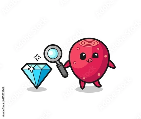 Fototapeta prickly pear mascot is checking the authenticity of a diamond