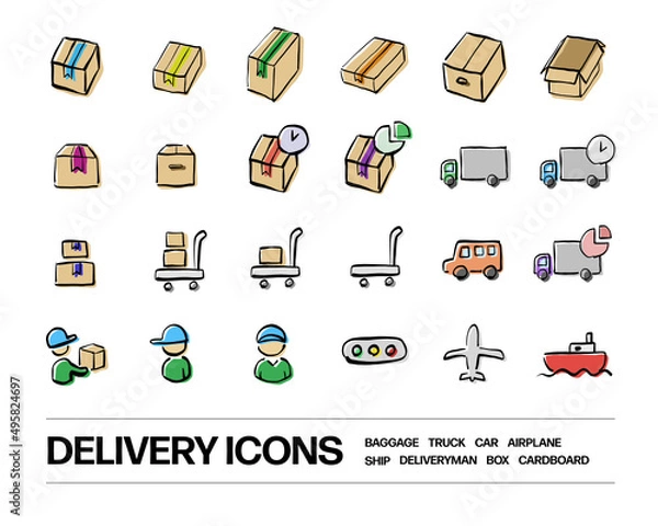 Fototapeta ダンボール箱,トラック,配達員等の配達関連のカラーアイコンセット