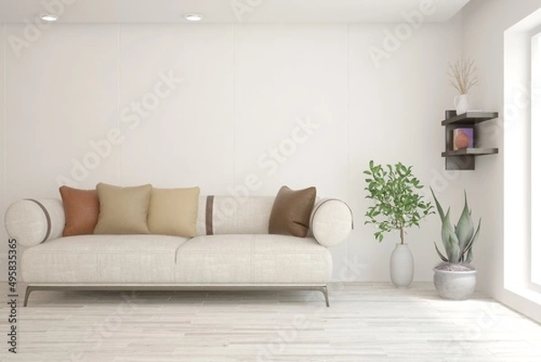 Fototapeta Stylish room in white color with sofa. Scandinavian interior design. 3D illustration