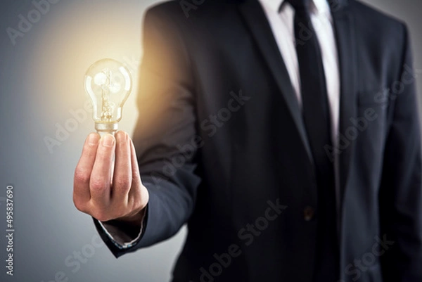 Fototapeta Heres an idea, now lets make it happen. Cropped studio shot of a businessman holding a glowing lightbulb against a gray background.