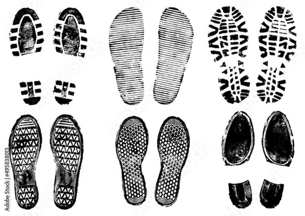 Obraz Set of scanned and converted into vector images double footprints stamped with black ink