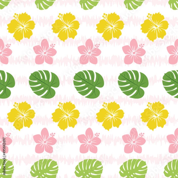 Fototapeta Vector hibicus yellow and pink flowers with plam leaves seamless pattern background