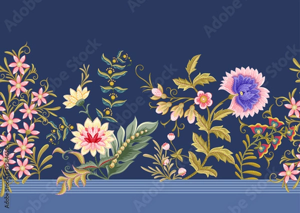 Fototapeta Fantasy flowers in retro, vintage, jacobean embroidery style. Border line seamless pattern on denim blue background. Vector illustration.