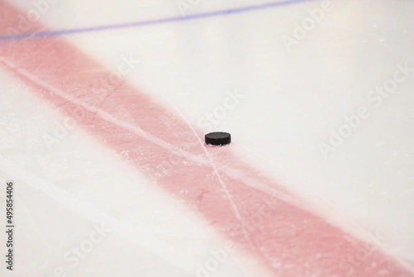 Fototapeta Ice Hockey rink details close up ice texture with ice hockey puck.