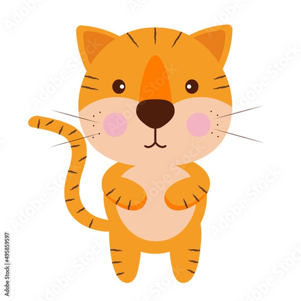 Fototapeta Tiger cub cute cartoon character hunting, slink and roar. Funny animal mascot stand with arms akimbo. Kawaii wild baby kitten with smiling muzzle and striped skin, Vector illustration, isolated set
