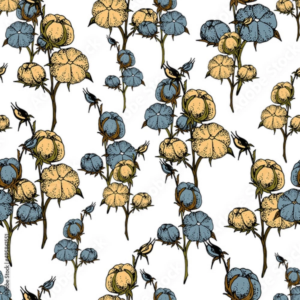 Fototapeta Delicate and feminine patterns with their depiction of a cotton seed boll. Elegant twigs intertwined into endless ornaments for textile printing or wallpaper.