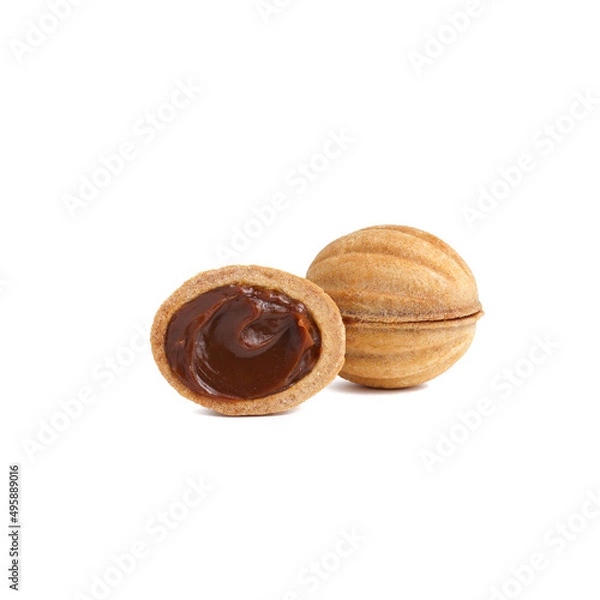 Fototapeta Homemade nuts cookie with caramel filling on white backgrounds. "Nuts" cookies.