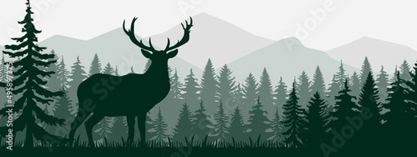 Fototapeta Realistic illustration of mountain landscape with coniferous forest under clear blue and green sky with white clouds. deer standing and looking into valley - vector EPS