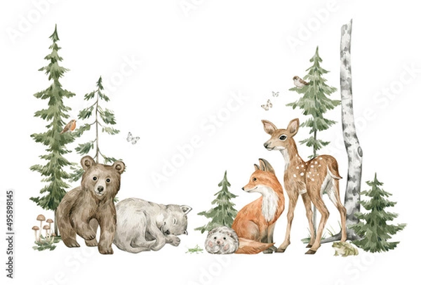 Fototapeta Watercolor composition with forest animals and natural elements. Deer, fox, wolf, bear, green trees, pine, fir, flowers. Woodland creatures in the wild. Illustration for nursery, wallpaper