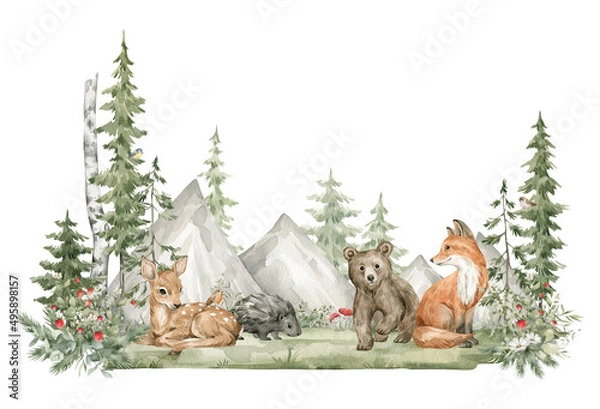 Fototapeta Watercolor composition with forest animals and natural elements. Deer, fox, bear, mountain, green trees, pine, fir, flowers. Woodland creatures in the wild. Illustration for nursery, wallpaper