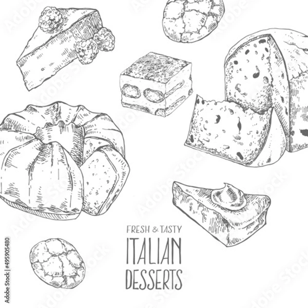 Obraz Hand drawn vector italian dessert, sweets set